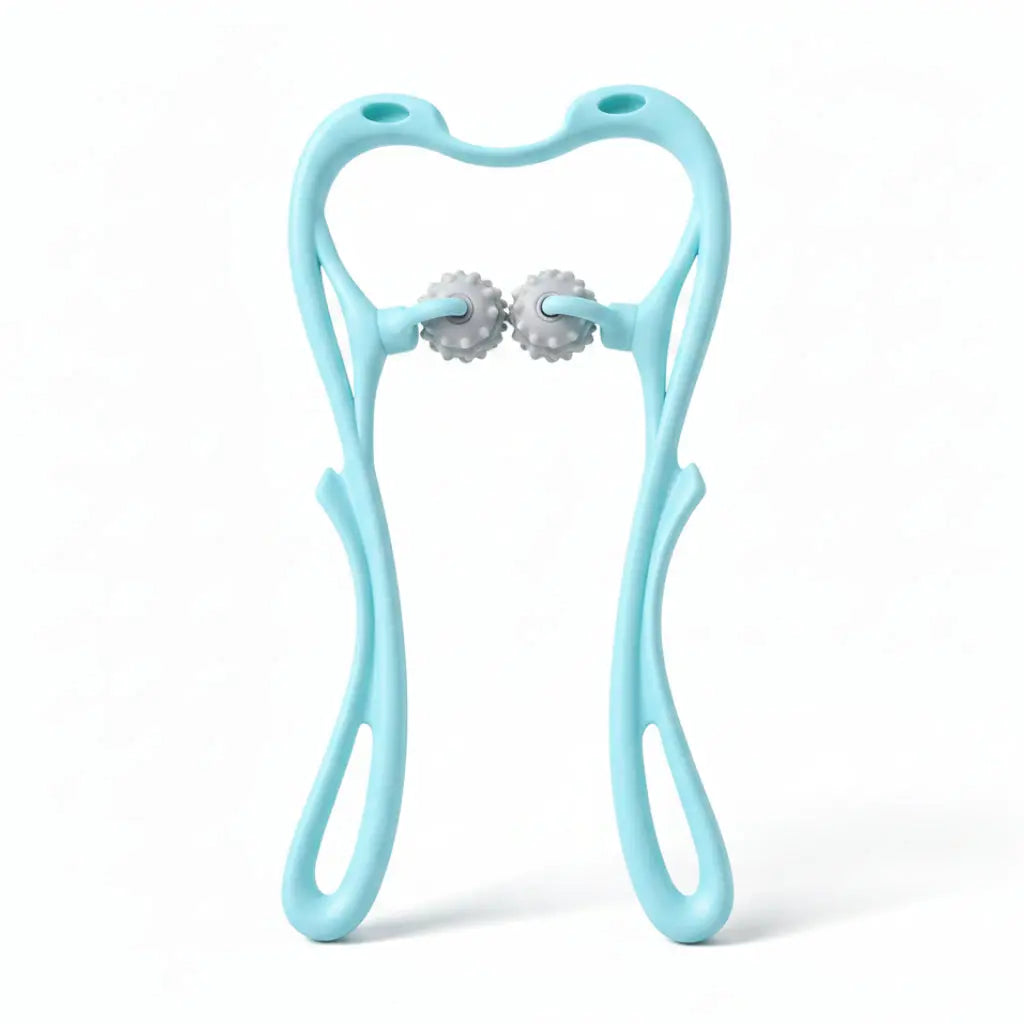 Light blue tooth-shaped holder with earrings on a light blue background