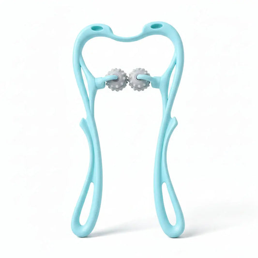 Light blue tooth-shaped holder with earrings on a light blue background