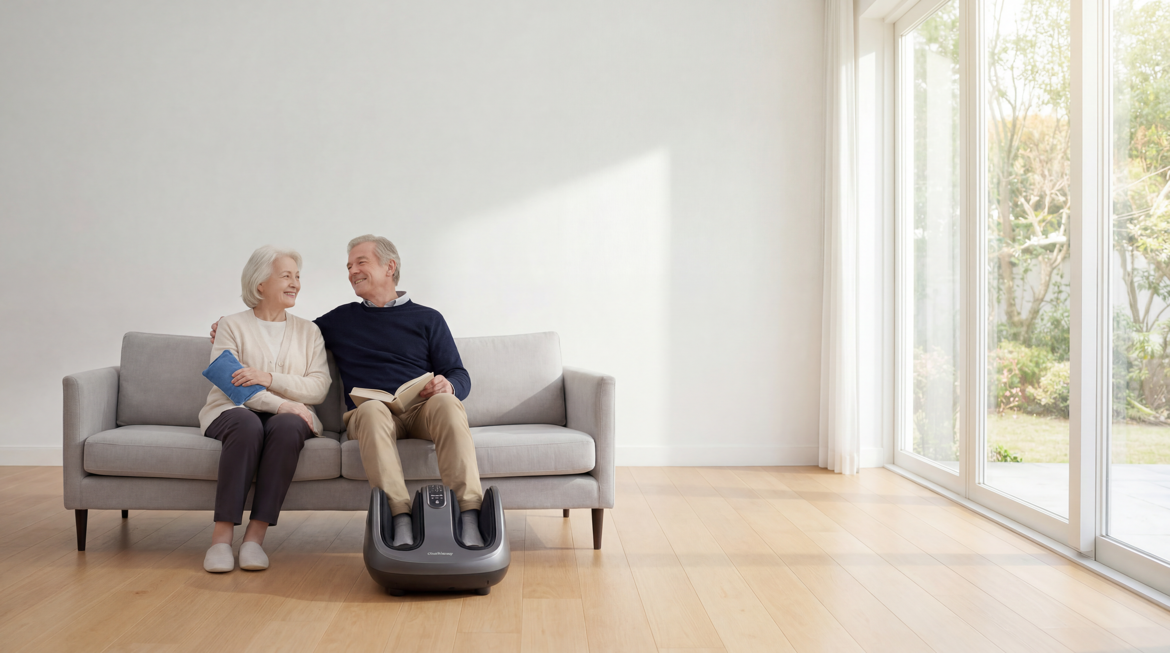 Two people sitting on a couch with a foot massager in front of them in a bright room.