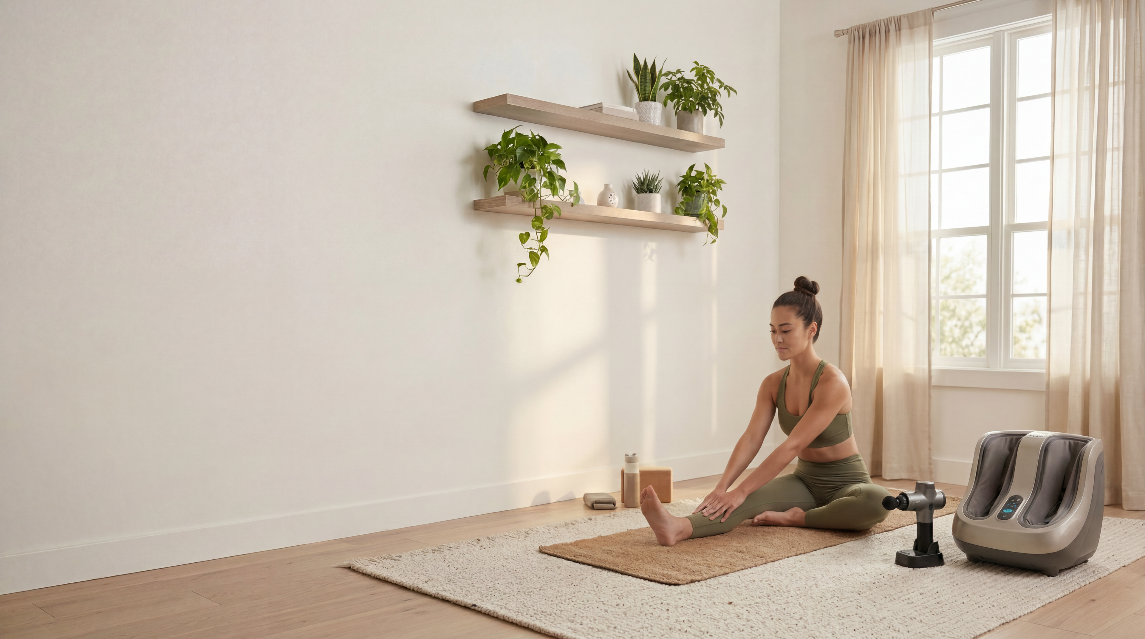 Woman practicing yoga in a bright, minimalistic room with plants and a window.