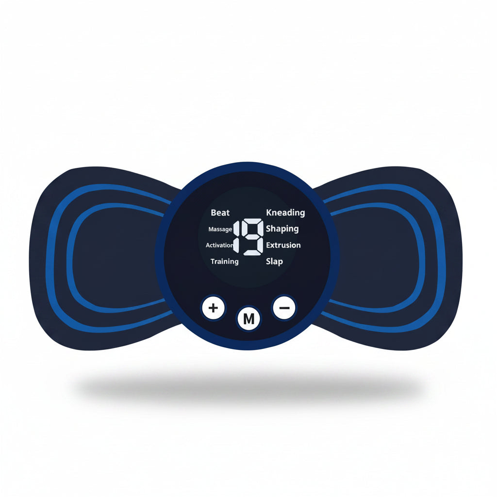 Blue and black device with digital display on a white background