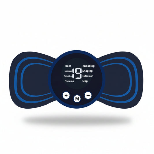 Blue and black device with digital display on a white background